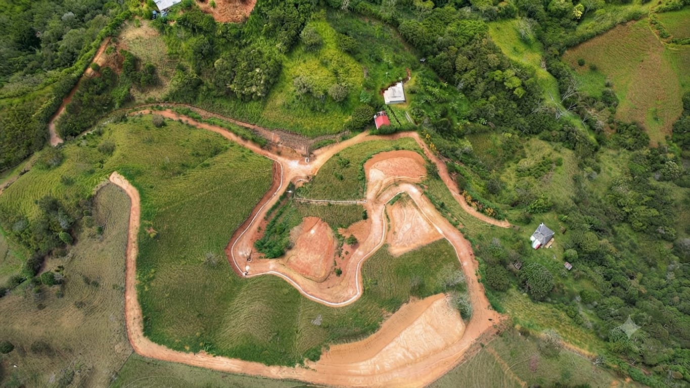 Fotografía aérea de Villa Valentina, con caminos, áreas de terreno y vegetación en la vereda La Mora, San Roque